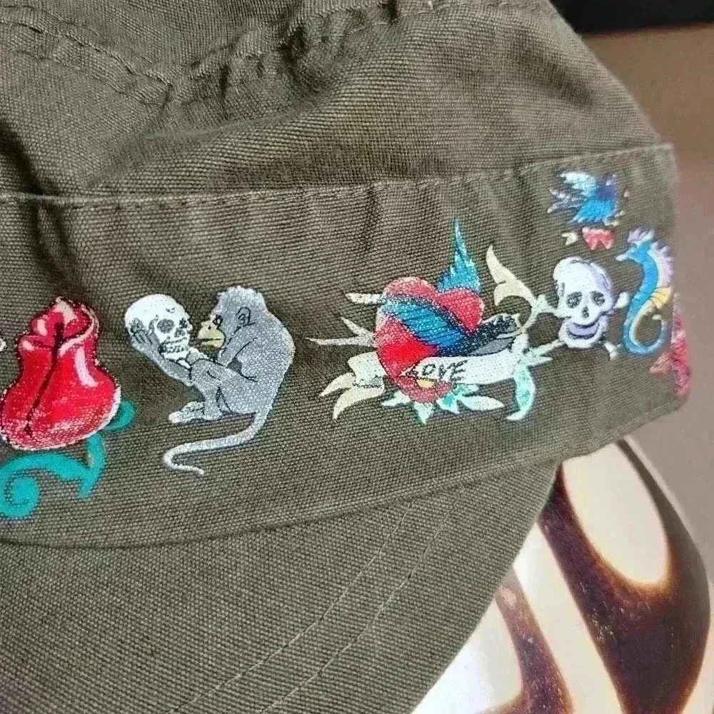 Women Military Cap Light Brown Monkey Butterfly Flowers Hart Seahorses Skulls - Picture 9 of 9
